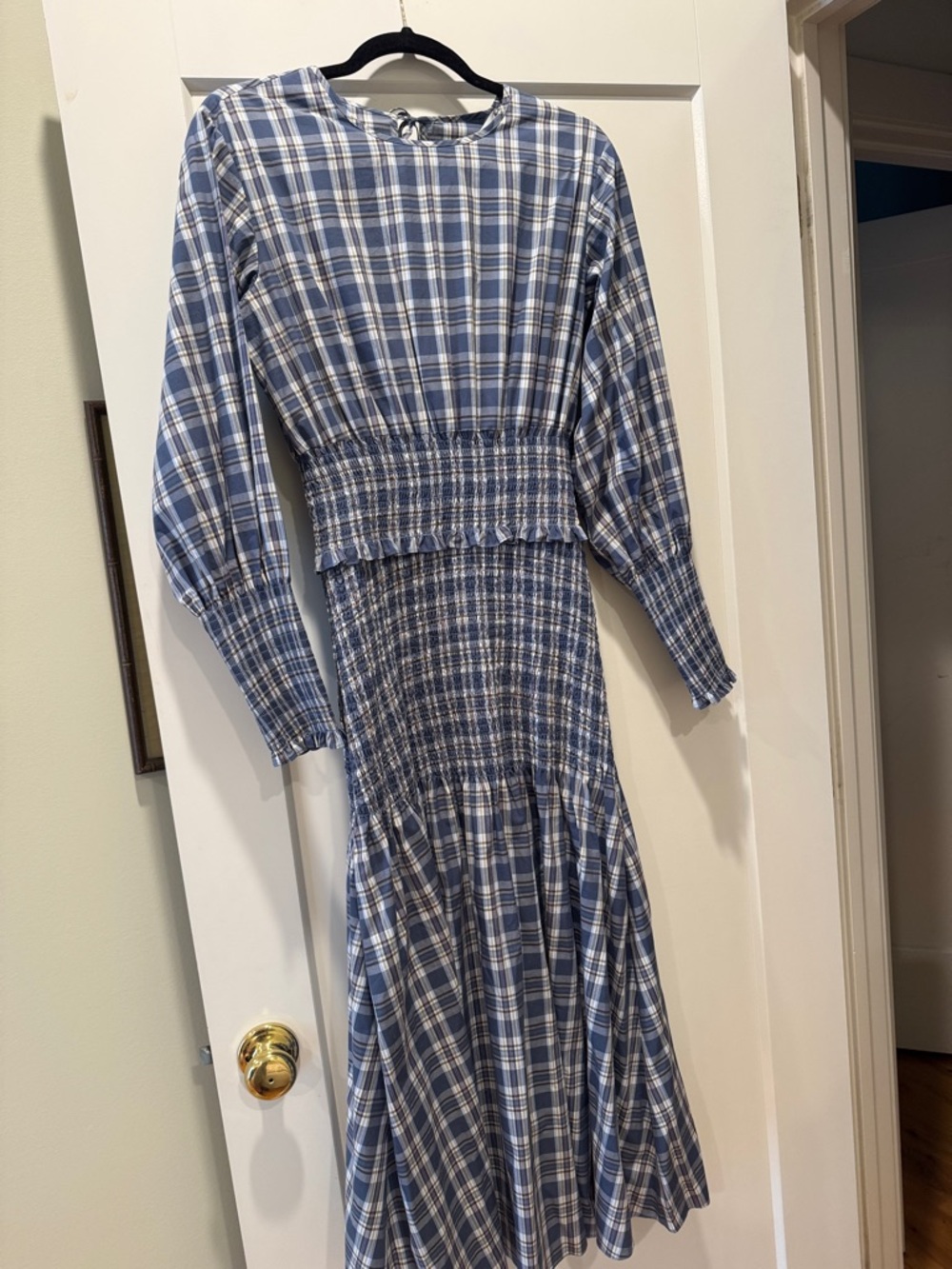 Something Navy Blue and White Plaid Long-Sleeve Smocked Midi Dress